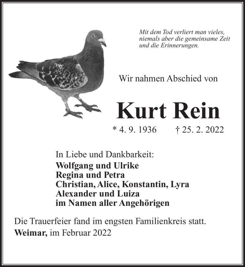  Traueranzeige für Kurt Rein vom 19.03.2022 aus Südthüringer Presse