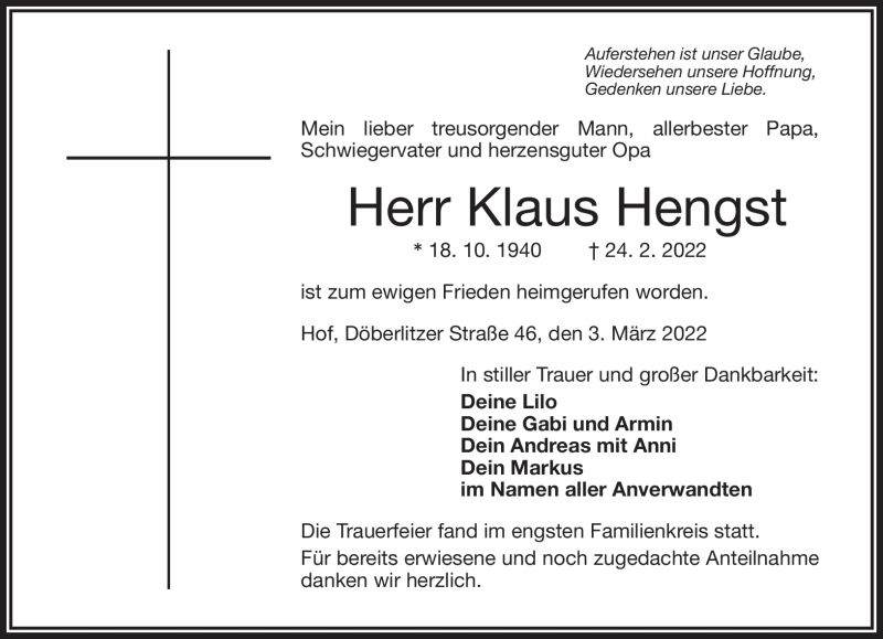  Traueranzeige für Klaus Hengst vom 03.03.2022 aus Frankenpost