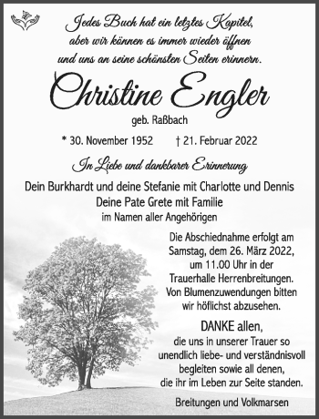 Traueranzeige von Christine Engler von Südthüringer Presse