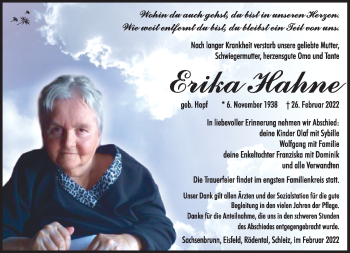 Traueranzeige von Erika Hahne von Südthüringer Presse