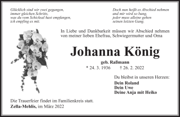 Traueranzeige von Johanna König von Südthüringer Presse