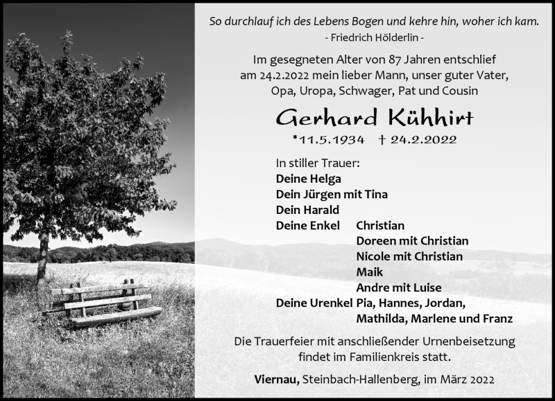  Traueranzeige für Gerhard Kühhirt vom 05.03.2022 aus Südthüringer Presse