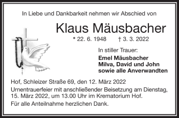 Traueranzeige von Klaus Mäusbacher von Frankenpost