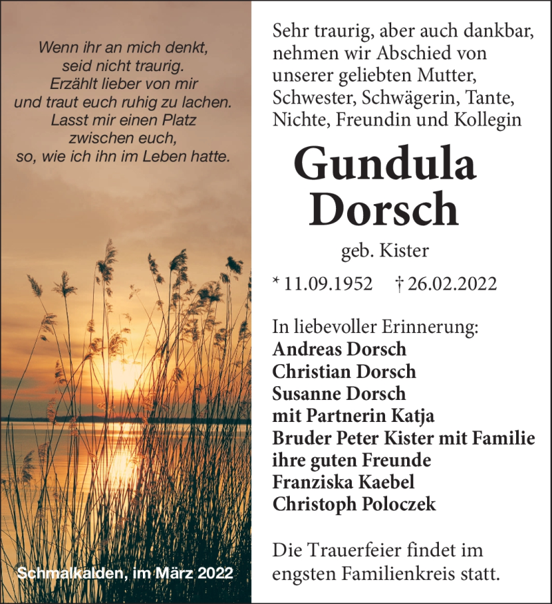  Traueranzeige für Gundula Dorsch vom 04.03.2022 aus Südthüringer Presse
