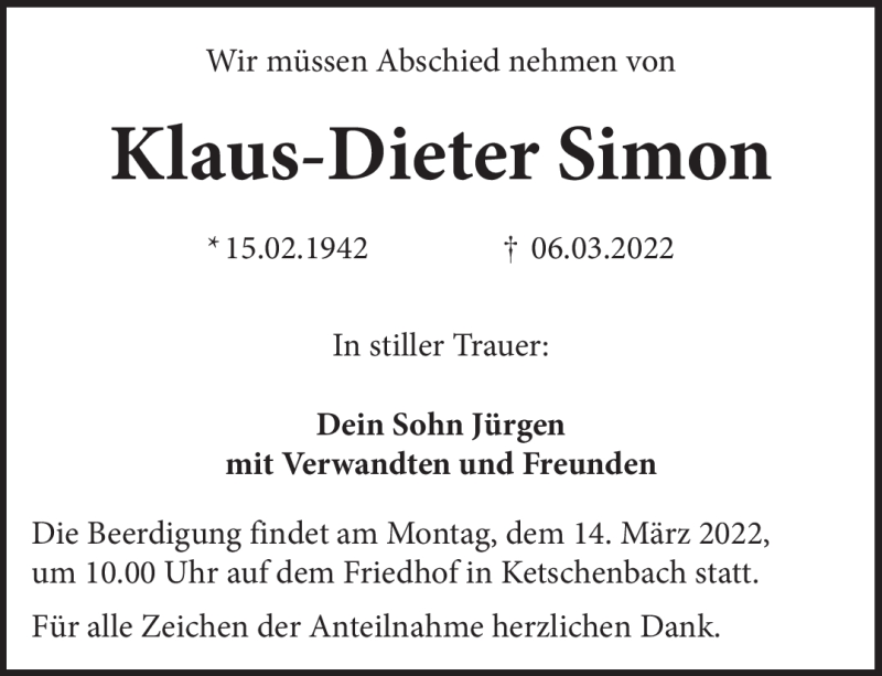  Traueranzeige für Klaus-Dieter Simon vom 09.03.2022 aus Neue Presse Coburg