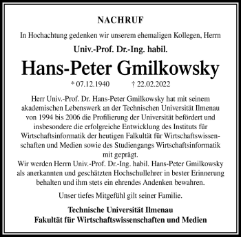 Traueranzeige von Univ.-Prof. Dr.-Ing. habil. Hans-Peter Gmilkowsky von Südthüringer Presse