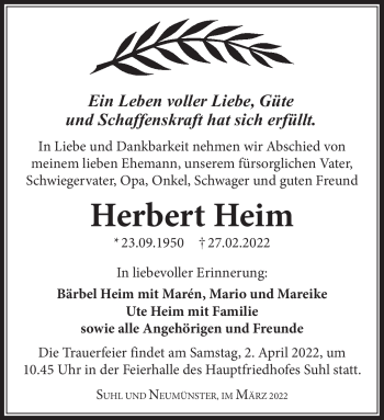 Traueranzeige von Herbert Heim von Südthüringer Presse