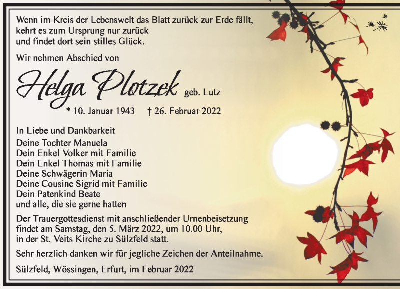  Traueranzeige für Helga Plotzek vom 03.03.2022 aus Südthüringer Presse