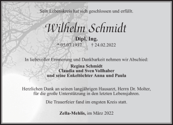 Traueranzeige von Wilhelm Schmidt von Südthüringer Presse