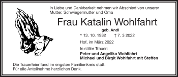 Traueranzeige von Katalin Wohlfahrt von Frankenpost