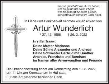 Traueranzeige von Artur Wunderlich von Frankenpost