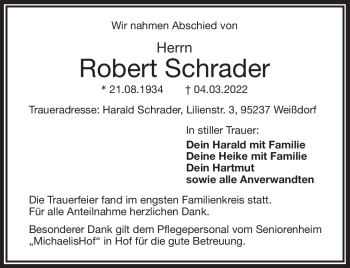 Traueranzeige von Robert Schrader von Frankenpost