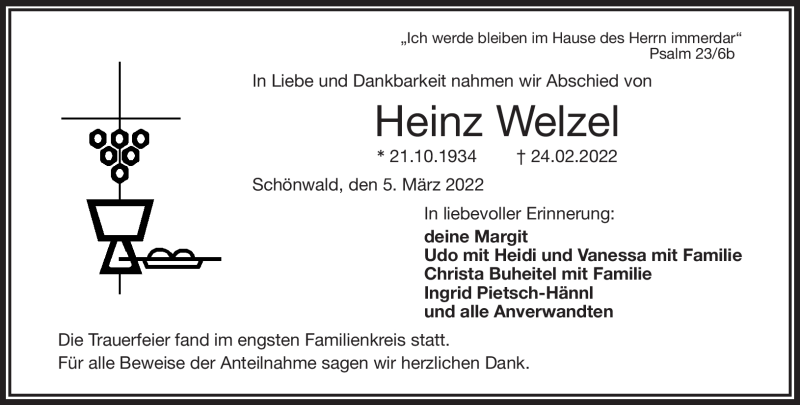  Traueranzeige für Heinz Welzel vom 05.03.2022 aus Frankenpost
