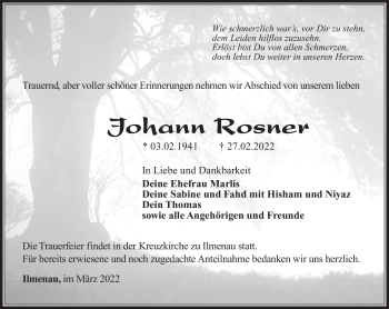 Traueranzeige von Johann Rosner von Südthüringer Presse