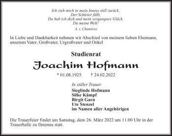 Traueranzeige von Joachim Hofmann von Südthüringer Presse