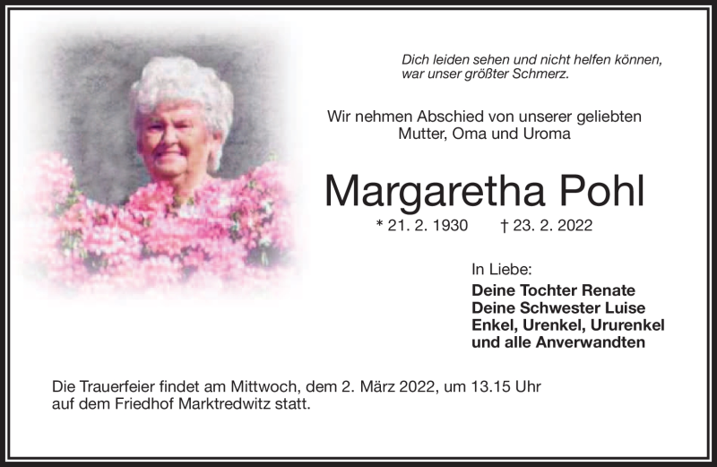  Traueranzeige für Margaretha Pohl vom 01.03.2022 aus Frankenpost