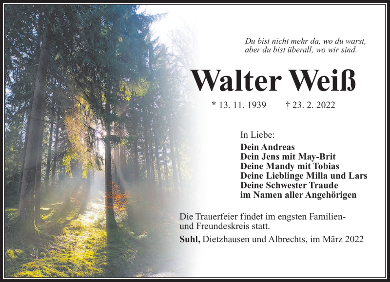  Traueranzeige für Walter Weiß vom 05.03.2022 aus Südthüringer Presse