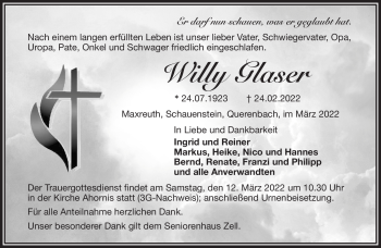 Traueranzeige von Willy Glaser von Frankenpost