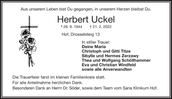 Traueranzeige von Herbert Uckel von Frankenpost