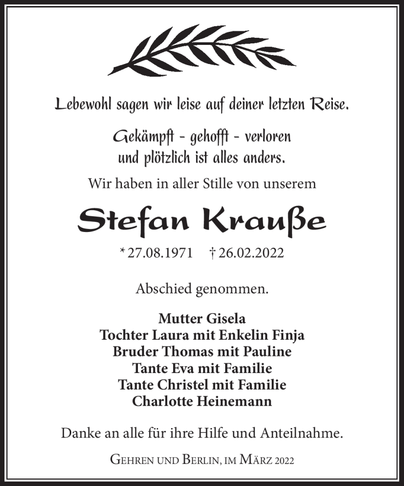  Traueranzeige für Stefan Krauße vom 19.03.2022 aus Südthüringer Presse