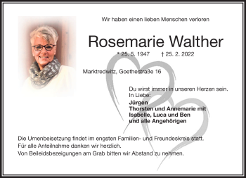 Traueranzeige von Rosemarie Walther von Frankenpost