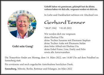 Traueranzeige von Gerhard Tanner von Südthüringer Presse