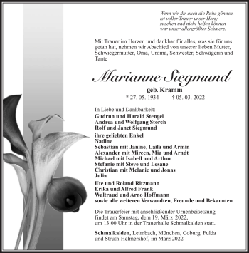 Traueranzeige von Marianne Siegmund von Südthüringer Presse