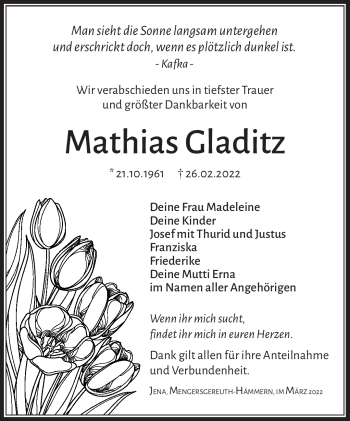 Traueranzeige von Mathias Gladitz von Südthüringer Presse