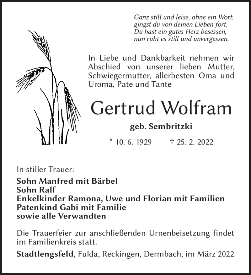  Traueranzeige für Gertrud Wolfram vom 11.03.2022 aus Südthüringer Presse