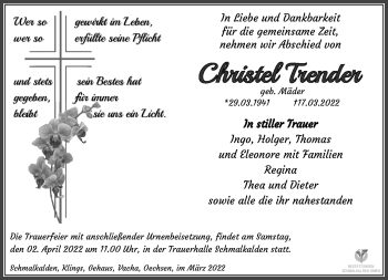 Traueranzeige von Christel Trender von Südthüringer Presse