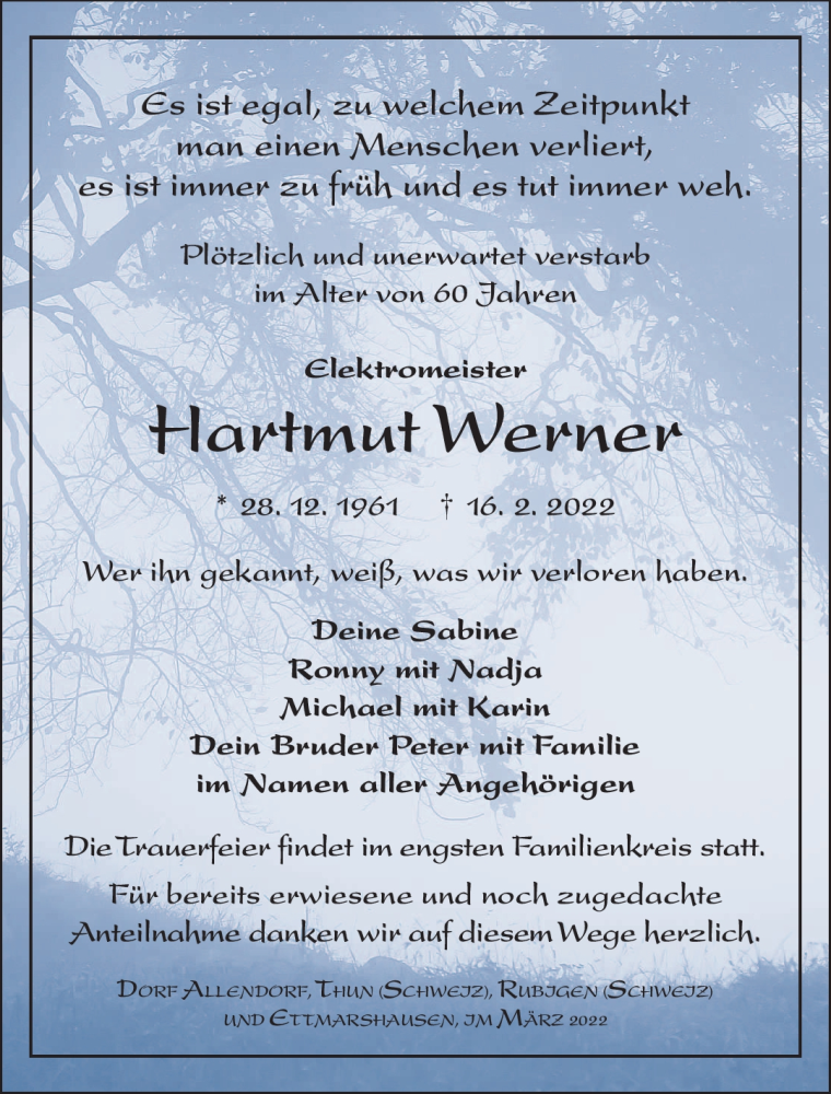  Traueranzeige für Hartmut Werner vom 05.03.2022 aus Südthüringer Presse