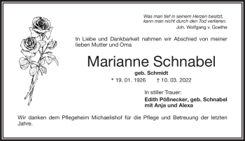 Traueranzeige von Marianne Schnabel von Frankenpost