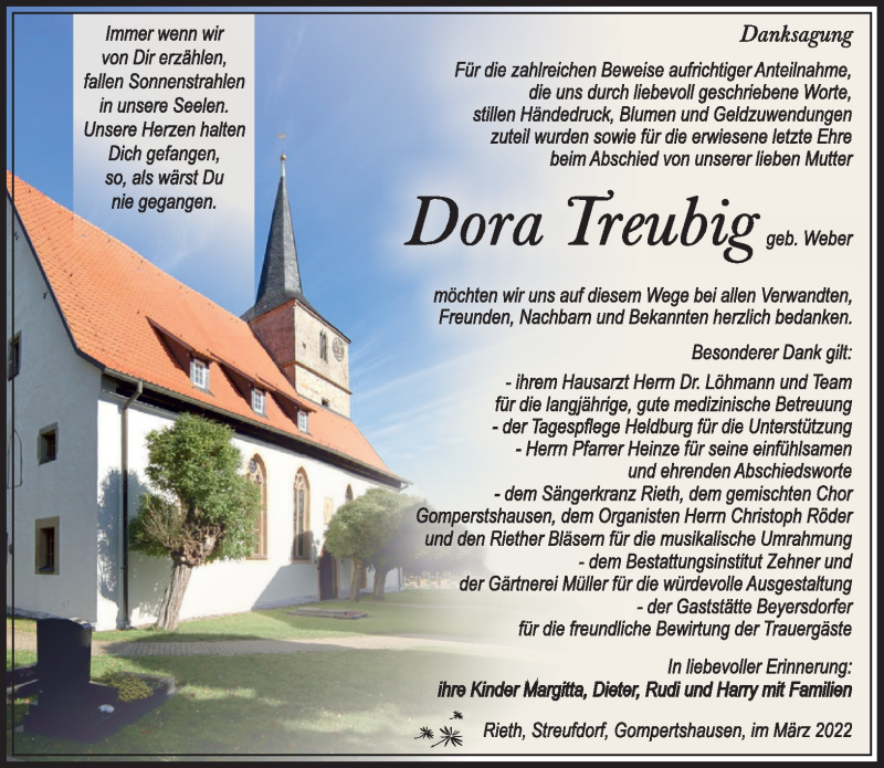  Traueranzeige für Dora Treubig vom 19.03.2022 aus Südthüringer Presse
