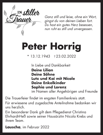 Traueranzeige von Peter Horrig von Südthüringer Presse