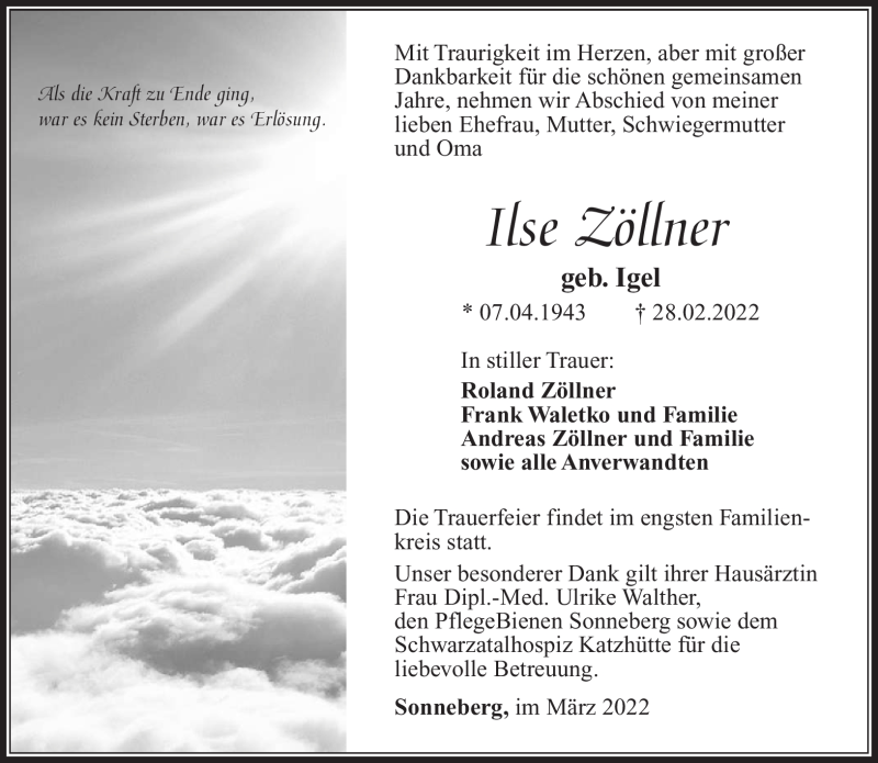  Traueranzeige für Ilse Zöllner vom 12.03.2022 aus Südthüringer Presse