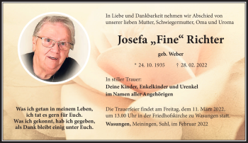 Traueranzeige von Josefa Richter von Südthüringer Presse