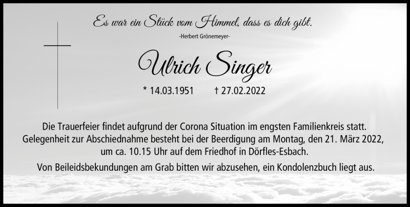  Traueranzeige für Ulrich Singer vom 18.03.2022 aus Neue Presse Coburg