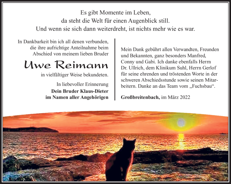  Traueranzeige für Uwe Reimann vom 19.03.2022 aus Südthüringer Presse