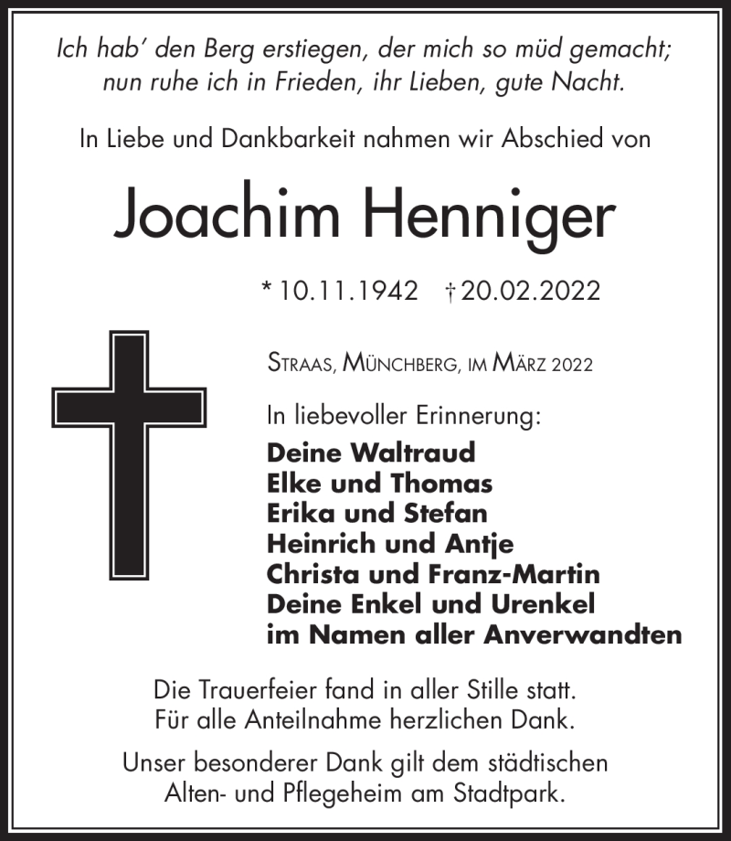  Traueranzeige für Joachim Henniger vom 12.03.2022 aus Frankenpost