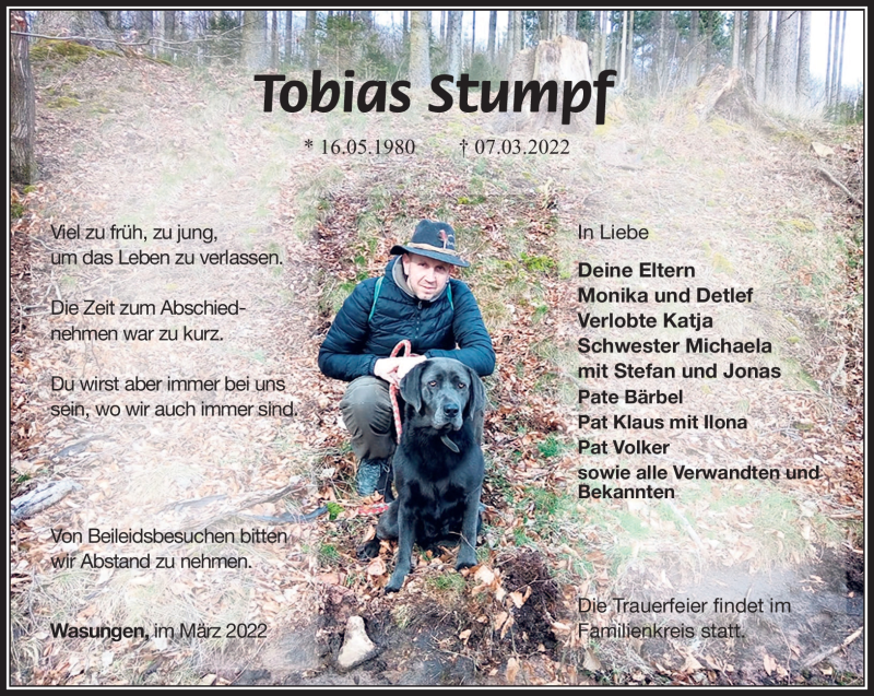  Traueranzeige für Tobias Stumpf vom 12.03.2022 aus Südthüringer Presse