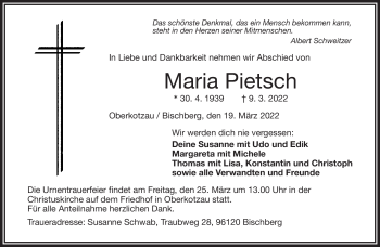Traueranzeige von Maria Pietsch von Frankenpost