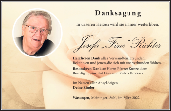 Traueranzeige von Josefa Richter von Südthüringer Presse