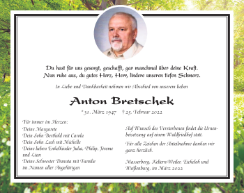 Traueranzeige von Anton Bretschek von Südthüringer Presse