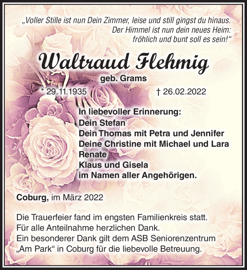  Traueranzeige für Waltraud Flehmig vom 09.03.2022 aus Neue Presse Coburg