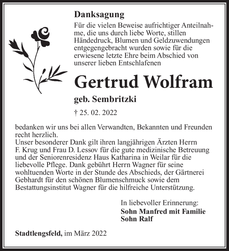  Traueranzeige für Gertrud Wolfram vom 24.03.2022 aus Südthüringer Presse