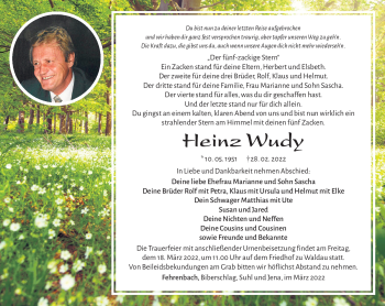 Traueranzeige von Heinz Wudy von Südthüringer Presse