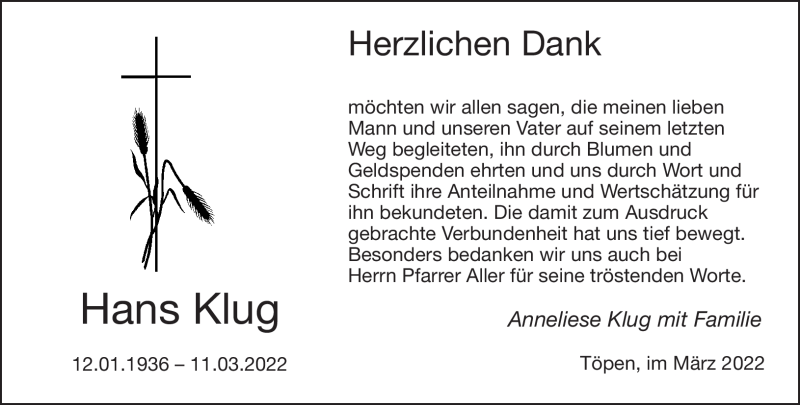  Traueranzeige für Hans Klug vom 26.03.2022 aus Frankenpost