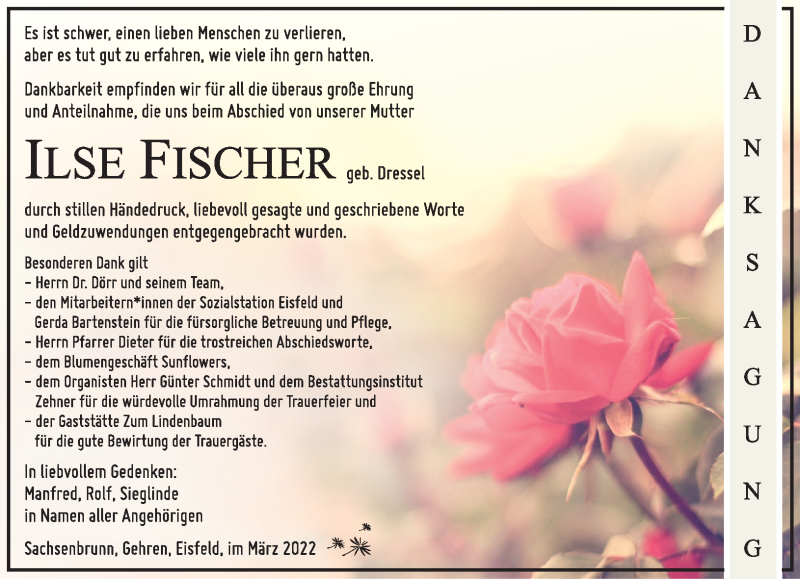  Traueranzeige für Ilse Fischer vom 26.03.2022 aus Südthüringer Presse