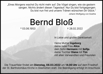 Traueranzeige von Bernd Bloß von Neue Presse Coburg
