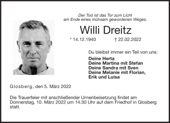 Traueranzeige von Willi Dreitz von Neue Presse Coburg